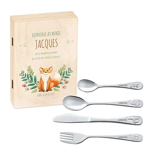 Maverton Set de couverts enfant personnalisé pour garçon - Coutellerie dans coffret imprimé - Cadeau Enfant Thème Animal - Cadeau naissance garcon - Cadeau Personnalisé bébé - Couverts gravés - FORÊT