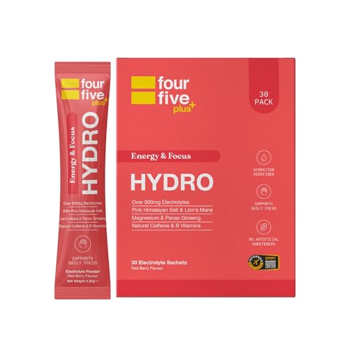 fourfive Hydration Sachets (Energy & Focus) - Hydro Electrolytes Powder with Natural Caffeine & Lion's Mane, Boost Daily Stamina - Red Berry, 30 Sachets