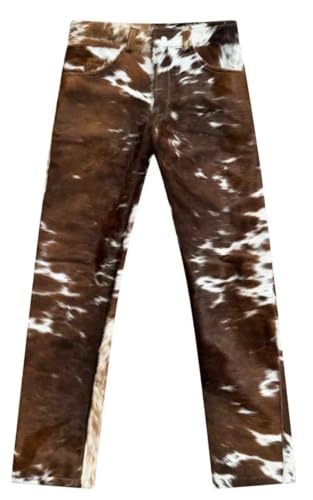 Men's Genuine Cowhide Leather Natural Hair on Cow Print Pony Skin Jean Natural Western Rodeo Pant (US, Waist, 32, Brown & White)