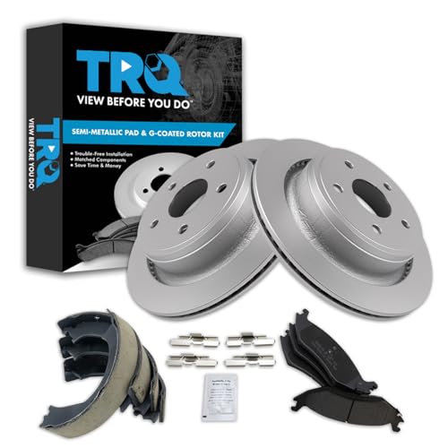 Image of TRQ Rear Brake Pad and Rotor Set Semi Metallic G Coated Rotors Parking Brake Shoe Compatible with 2003-2004 Dodge Ram 1500