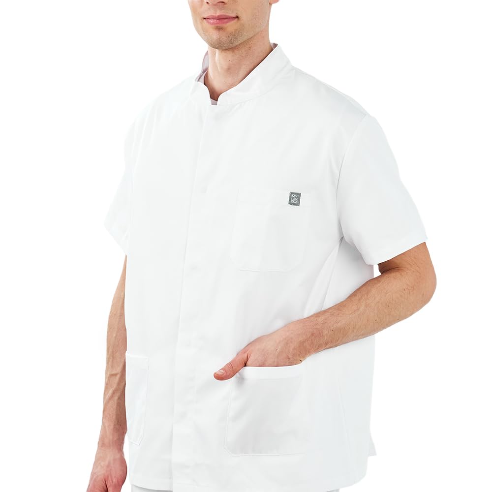 MYLOOKPRO - Tunique Professionnelle Homme Blanche – Blouse Médicale Manches Courtes Polycoton – Col Officier Boutons Pression – 3 Poches – Tenue Infirmier, Laboratoire, Esthétique