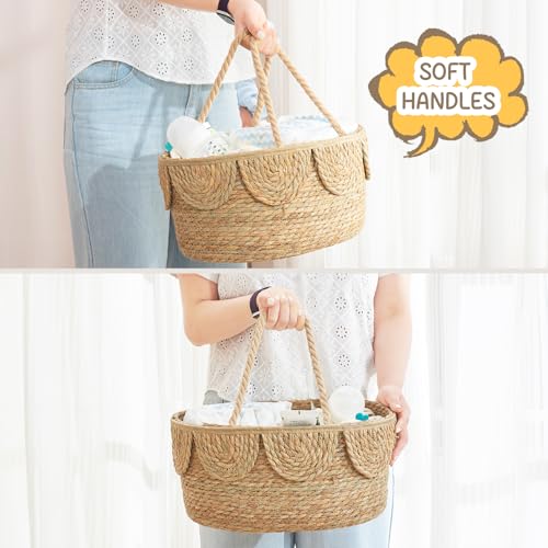 FairyHaus Diaper Caddy Organizer, Portable Natural Wicker Diaper Caddy with Rope Handles and Cotton Divider, Handwoven Seagrass Diaper Caddy Basket with Scalloped Edge for Nursery Picnic — view 5
