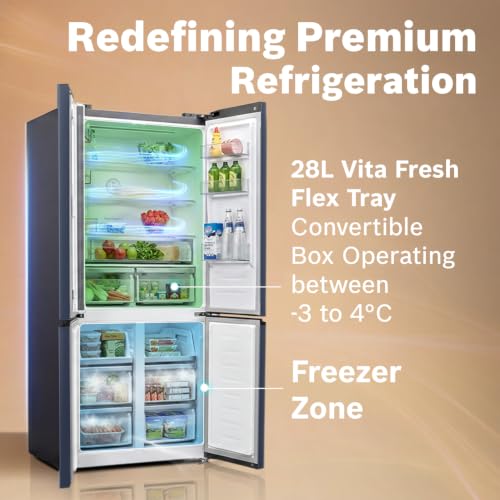 Image of Bosch 503L, Frost Free 4 Door Side-by-Side Refrigerator with Perfect fit technology,Zero Gap, Prevents wall collision,VitaFresh Plus Technology(2026 Model, KCP88E256I, Dark Lake Metal)