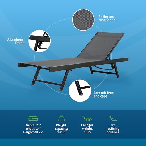 Image of Vivere Set of 2 Aluminum Outdoor Chaise Lounge Chairs, Urban Sun Adjustable Reclining Patio Loungers, Lay Flat Tanning Chairs with Sling Seat, Black
