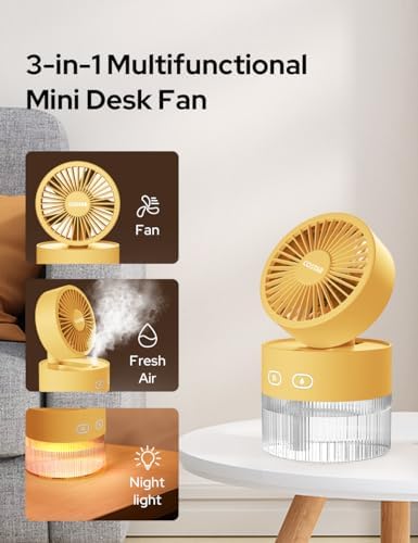 COSTAR Portable Table Fan with Mist Humidify, USB Rechargeable Fan w/Night Light, Brushless 3 Speeds Personal Mini Fan, 180° Rotate Evaporative Air Cooler 350ml Water Tank