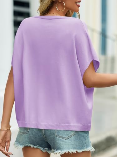 Image of Saodimallsu Womens Summer Oversized Cardigans Batwing Short Sleeve Lightweight Button V Neck Casual Knit Sweater Tops