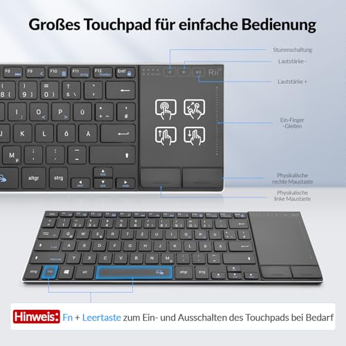 Rii Kabellose Tastatur mit Touchpad Büro, Wireless Keyboard Office, Deutsche QWERTZ-Layout, Tastatur Kabellos Geschenke für Laptops, Desktops, Smart-TVs, Tablets, Schwarz (2.4G+BT) 2