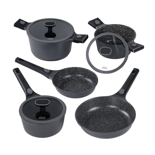 STONELINE SMART Pfannen und Töpfe Set 8-teilig, Aluguss Topfset mit Deckel, Abnehmbarer Griff, Kochtopf Pfanne Induktion, Alle Herdarten, Antihaftbeschichtet mit echten Steinpartikeln, Grau