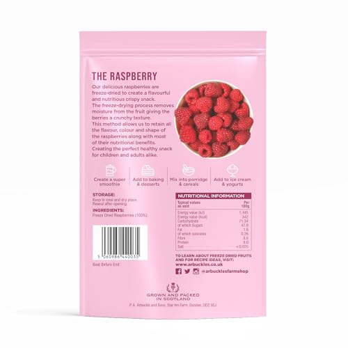 100g Arbuckle's Freeze Dried Raspberry Direct from UK Farm Shop, Whole Fruit Snack Nutritious and Healthy Raspberries Natural, for Baking, Breakfast Cereal Topper, Yogurt, Cake Decorations