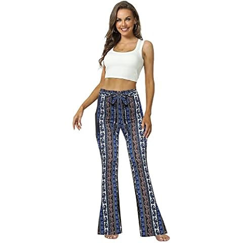 WSPLYSPJY Women's Floral & Paisley Print Knot Front Flare Leg Pants Bowknot Tie Belted Black M Cover