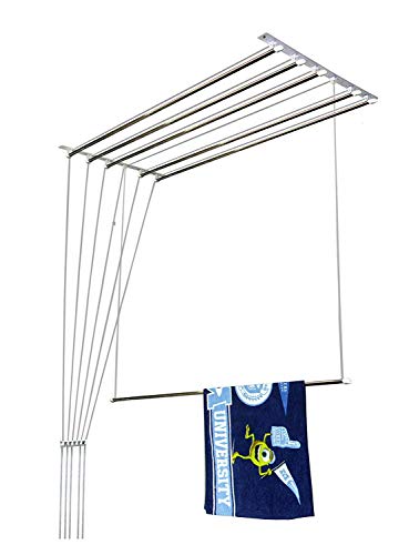 NR INDUSTRIES Deluxe Heavy Duty Stainless Steel Ceiling Hanger/Ceiling Cloth Drying Stand (6 Pipe X 4 Feet) with UV Protected Nylon Ropes Rust Proof Individual Dropdown (NRI 4 Feet 012