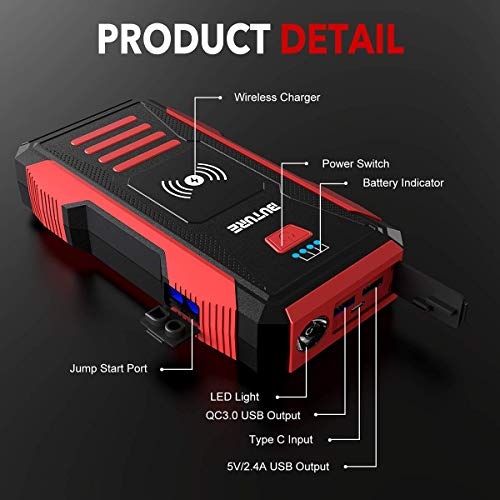 BUTURE 2500A Peak Car Jump Starter (up to All Gas, 8.0L Diesel Engine), 23800mAh Power Bank with 10W Wireless Charger, 12V Auto Battery Booster with Smart Jumper Cable, Quick Charging