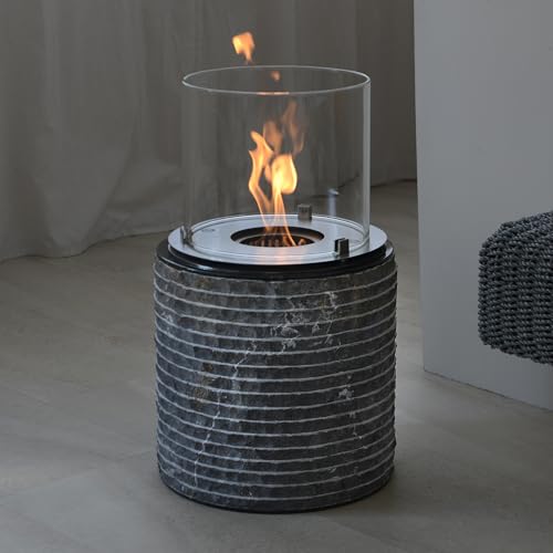 wohnfreuden Chimenea de bioetanol para jardín, terraza, exterior y salón interior, con columna de mármol, base de piedra, color negro