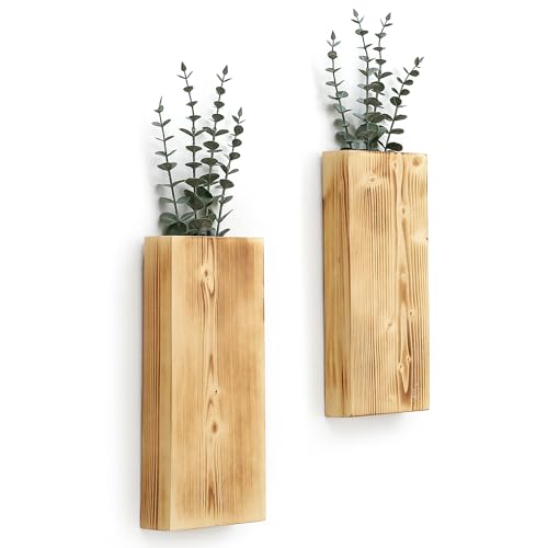 Wood Wall Planter Set of 2, Wood Wall Pocket for Greenery and Dried Flowers, Indoor Wood Hanging Vase, Modern Farmhouse Wall Decor for Living Room Bedroom Office Eucalyptus Stems Decorations (Retro)