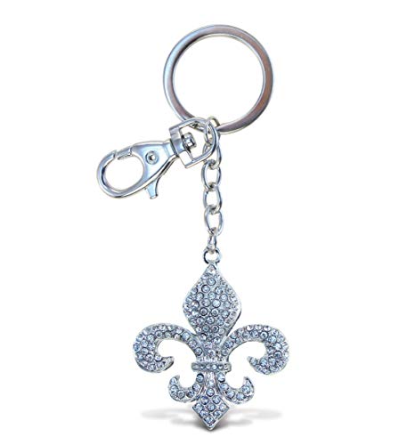 Aqua79 Fleur De Lis Keychain - Silver 3D Sparkling Charm Rhinestones Fashionable Stylish Metal Alloy Durable Key Ring Bling Crystal Jewelry Accessory with Clasp