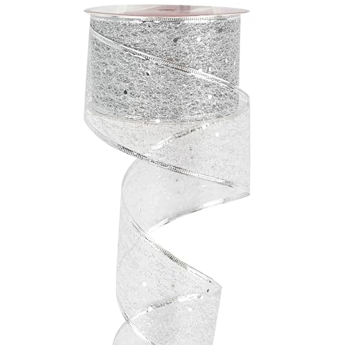 MEEDEE Silver Glitter Ribbon Wire Mesh Silver Christmas Ribbons Wired Christmas Ribbons 2.5 Inch Wired Ribbon for Christmas Tree Decoration Garland Wreath Bow Making (25 Yards)