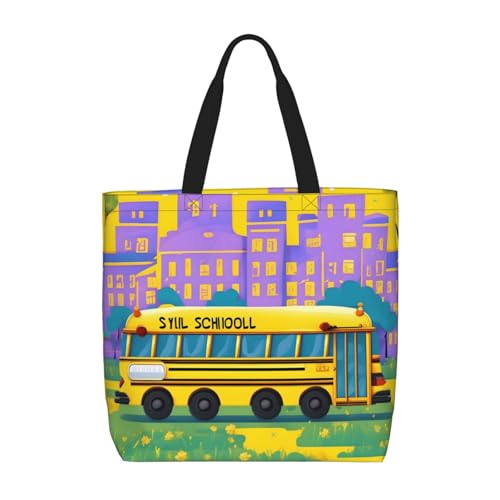 School Bus Print Tote Bags, Large Capacity Zipper Shoulder Bag, For Shopping, Work, Daily