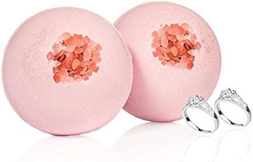 Bath Bombs with a Ring Inside - Gift Set of 2 Fragrant Ultra Lush Pink Jewels - Gardenia Glitter Surprise Natural Organic Shea Butter Essential Oils Handmade in USA