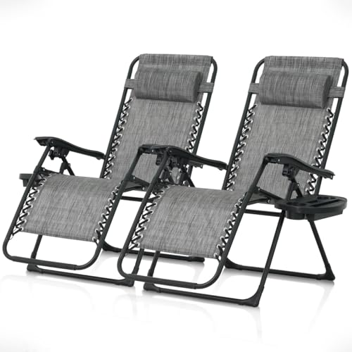 CAPHAUS-Set-of-2-Grey-Zero-Gravity-Chair-Zero-Gravity-Recliner-Zero-Gravity-Lounge-Chair-Anti-Gravity-Chair-for-Indoor-Outdoor-Folding-Reclining-Chair-wSide-Tray-Adjustable-Pillow-Grey CAPHAUS Set of 2 Grey Zero Gravity Chair, Zero Gravity Recliner, Zero Gravity Lounge Chair, Anti-Gravity Chair for Indoor & Outdoor, Folding Reclining Chair w/Side Tray, Adjustable Pillow, Grey - Image 1