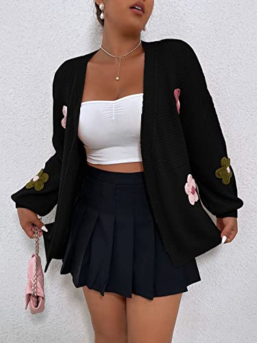 Makemechic Women's Plus Size Graphic Print Button Front V Neck Cardigan Sweater Floral Black 2Xl #TOP4