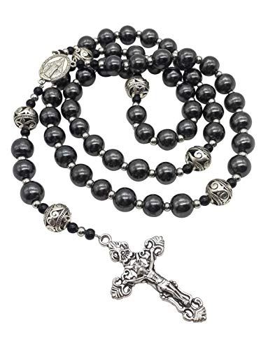 Hematite Rosary Black Stone Beads Necklace Metal Beaded Miraculous Medal & Cross Rosary For Men and Womens NS3