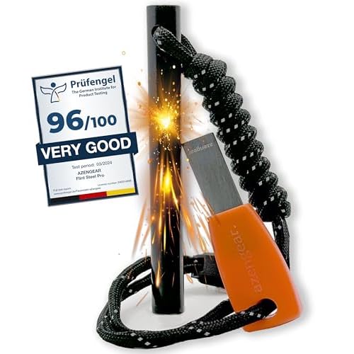 aZengear Survival Flint Fire Starter Kit, Thick Ferro Rod (4″ x ⌀ 2/5″) with Comfy Steel Striker, Paracord Lanyard String for Camping, Bushcraft