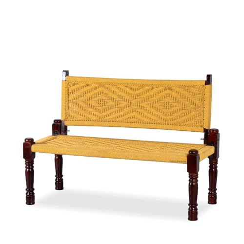 Image of Srima Wooden Bench for Living Room | Handcrafted Sheesham Wood Backrest Bench for Balcony & Garden | Traditional Rajasthani Patio for Outdoor with Cotton Handwoven Rope | Yellow