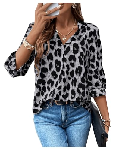 GORGLITTER Leo Bluse Damen Langarm Oberteil Mit Leopardenmuster Bluse Bluse Mit 3/4 Arm Langarmshirt Herbst Winter Blusen Leo Grau XL