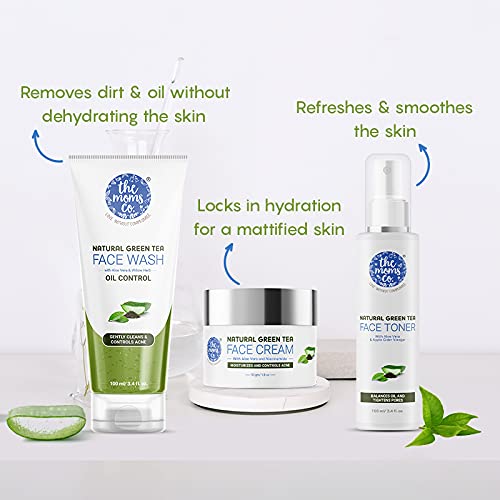 Image of The Moms Co. Oily Skin CTM Regime l Oil Free Look l Green Tea l Face Wash l Toner l Cream l Free Vanity Bag l Pack of 300 gms