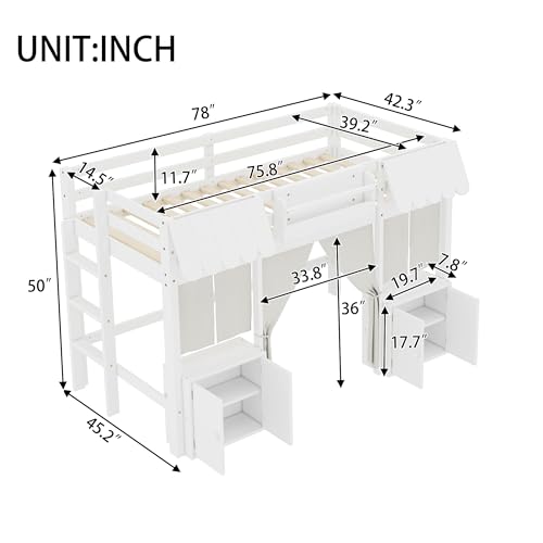 Image of Bekeknlny Twin Loft Bed with Built-in Bookshelf, Curtain, Storage Shelf and Amusement Park-Inspired Playful Design Safety Guardrails, Fairy Tale Cottage Kids Bed (White6, Twin)