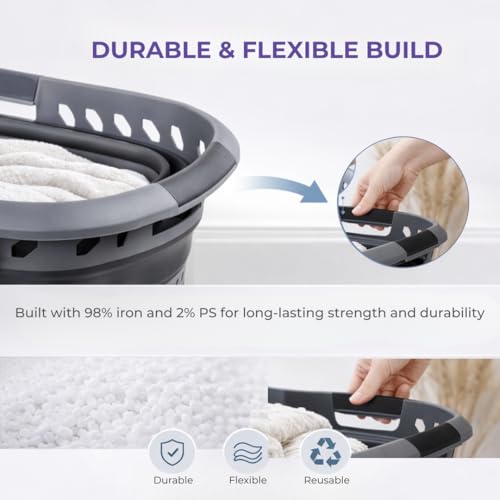 Laundry 360 Collapsible Laundry Basket 40L | Portable | Space Saver Storage | Hold 2 Loads | Store Under the Bed or Closet | Good for Kids | Dorm | Bedroom | Large | Grey/Black - Thumbnail 5
