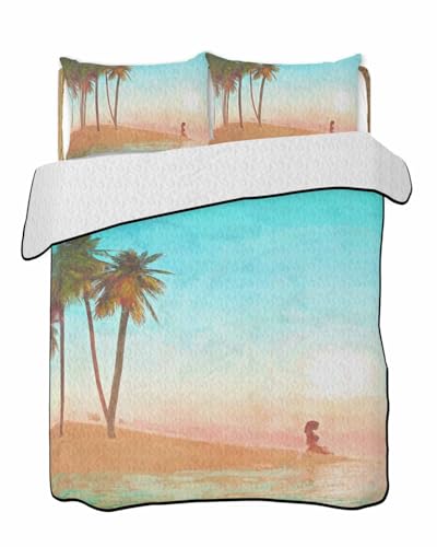 Wowouhiya Queen Quilt Sets, Watercolor Beach Girl Lightweight Bedspreads with 2 Pillow Shams, Summer Palm Tree Coastal Soft Summer Bed Coverlets 3 Pieces Bedding Set for All Season