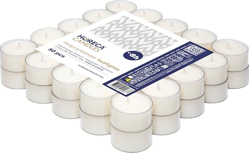 Horeca Candles - Theelichter Transparente Hülle - 8 Stunden Brenndauer - Weiß - 50 Stück Klar Teekerzen - Ohne Duft - Kerzen in Durchsichtigem Behälter