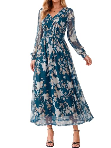 BerryGo Womens Tulle Floral Long Sleeve Maxi Wedding Guest Dresses Lake L