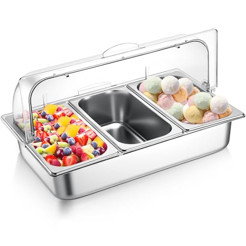 Ziliny Countertop Food Serving Display Container and Clear Roll Top Cover Stainless Steel Food Serving Tray Buffet Condiment Dispenser Display Rack for Restaurant Hotel Kitchen Party(21 x 13 x 11'')