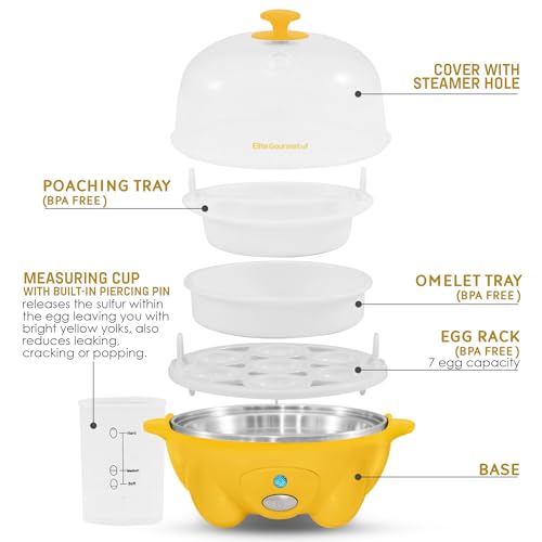 Image of Elite Gourmet Easy Electric 7 Egg Capacity Soft, Medium, Hard-Boiled Cooker Poacher, Scrambled, Omelet Maker with Auto Shut-Off and Buzzer, BPA Free