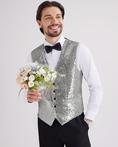 MAGE MALE Mens Sequins Suit Vest Formal V-neck Shiny Waistcoat Prom Party Tuxedo Vests3