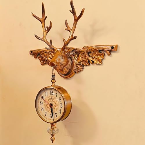 Image of Vintage Deer Head Wall Clock with Antler Design, Antique Brass Finish, Decorative Hanging Clock, Rustic Woodland Theme (Golden)
