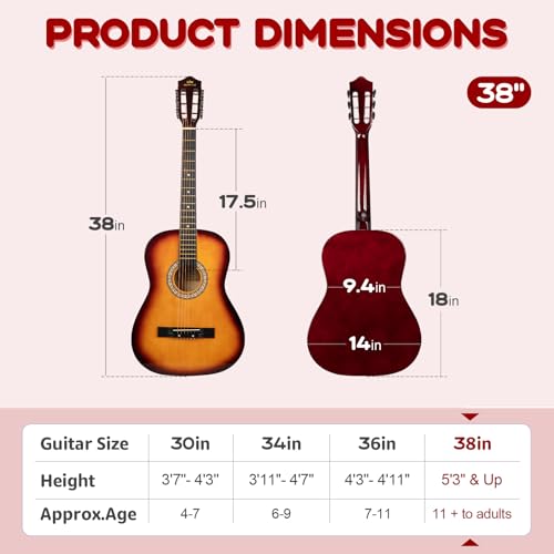 Image of 38in Beginner Acoustic Guitar Basic Starter Kit Bag Capo Strings Winders Strap Picks Student /Kids Guitar Pickguard with Gig Bag Sunburst