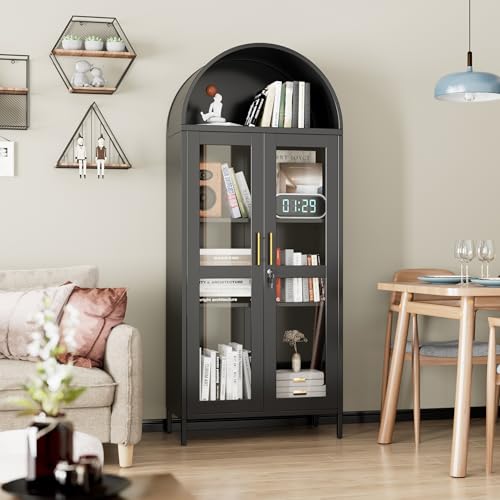 Image of 73 inch Metal Arched Display Cabinet with Glass Doors and Lock | Black steel curio bookcase with 2 adjustable shelves for books, collectibles, and decor; assembly required.