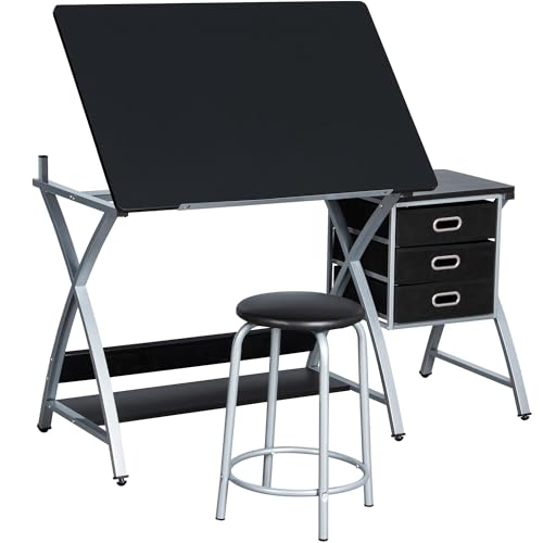 Yaheetech 3-Drawer Drafting Desk with Stool