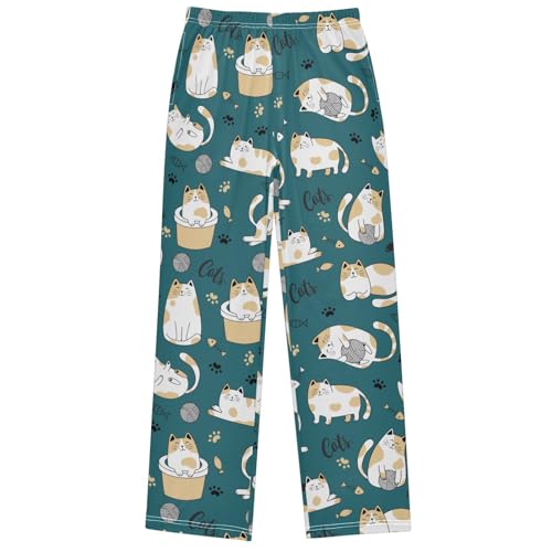 Boy's Pj Pants Kitty Cat Fishbone Woolen Ball Lounge Bottoms Elastic Waist Kids Joggers with Pockets Size 6-14