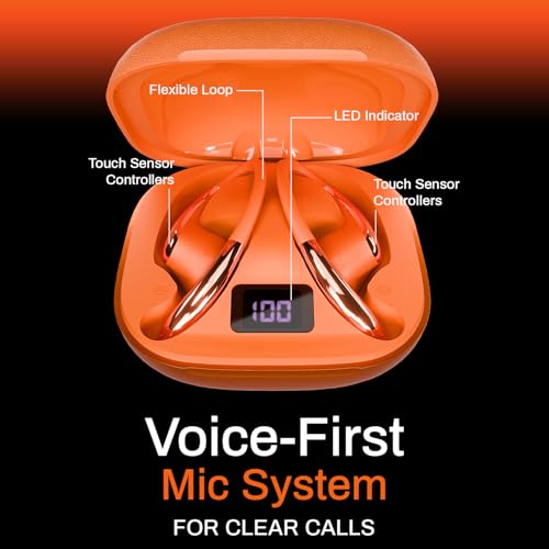 Image of DwOTS Sense Pro True Wireless Earbuds, 42dB ANC, Voice-First Mic System for Clear Calls, Skin-Friendly Ear Hooks, 12mm Drivers, Dual Pairing, Sweat Resistant, Advanced Bluetooth Ear Buds (Orange)
