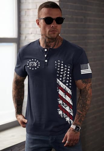 Men's Patriotic Henley Shirts Muscle Distressed American Flag 1776 Vintage T-Shirts (S-3XL)2