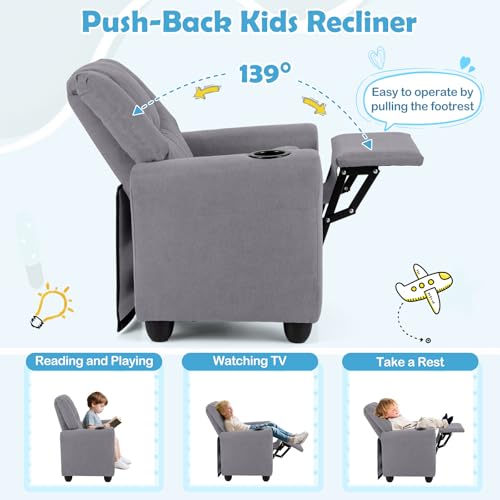 Image of Kids Recliner, Toddler Lounge Chair w /Cup Holder, Wide Armrest, Kids Sofa w /Adjustable Footrest, Comfy Toddler Recliner Chair for for Boys & Girls 3 + (Fabric, Grey)