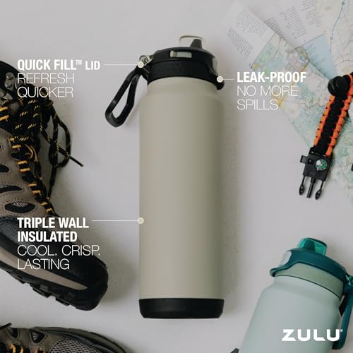Image of ZULU Powerfill Pro 40oz Stainless Steel Water Bottle with Quick Fill Lid, Triple Walled Vacuum Insulated Metal, Leak Proof Locking Lid, Sip and Chug, Reusable BPA Free, Ash