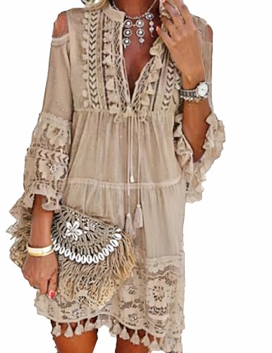 Embroidered Patchwork Fringe Dress Bohemian Crushed Flower V-Neck Plus Size Lace Dress Top