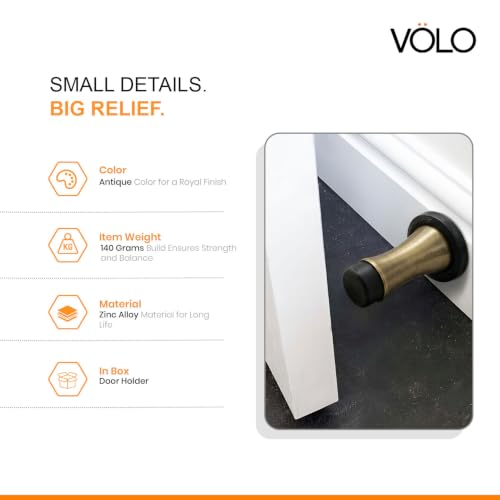 Image of Volo Pack of 2 Pieces Heavy Duty Wall Mounted Door Stops, Rigid Door Stopper with Low Mounted Black Rubber Bumper Tips, Protect Wall & Door for Kitchen, Bedroom, Office (Antique Brass)
