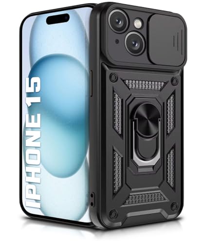 Image of WOW IMAGINE Tough Armor Bumper Mobile Back Case for iPhone 15 | Sliding Camera Shield Cover | Shock Proof 360 Protection | Hybrid PC + TPU | Ring Holder with Kickstand - Black