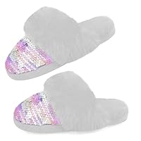 Girls Fluffy Slippers,Sequin Faux Fur Fuzzy Slip-on House Slippers with Memory Foam House Shoes for Girls Bedroom Slipper